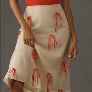 Anthropologie Beige High-Low Skirt with Coral Ribbon Ties